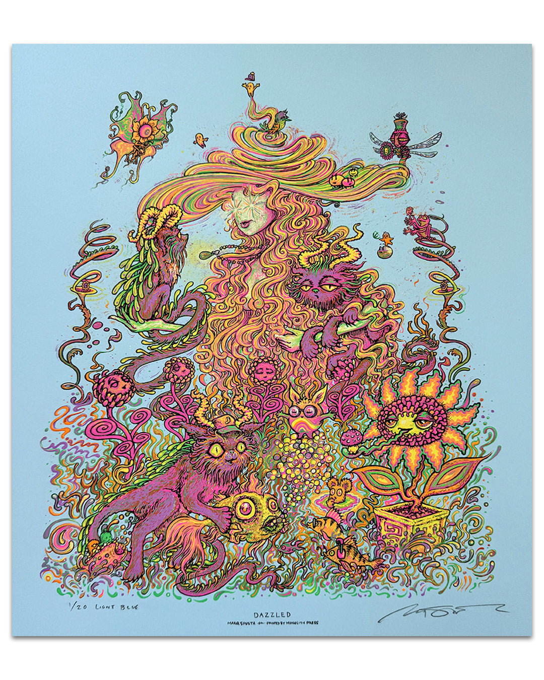 A vibrant, psychedelic illustration in the Marq Spusta style depicts a flowing-haired woman amid whimsical creatures and fantastical plants, brimming with surreal, imaginative details and bold colors.