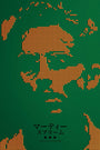 A stylized portrait of a man's face, designed by Akiko Stehrenberger, is formed from rows of orange billiard balls on green with screen print vibes. Japanese text and stars feature below the image.