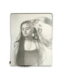 graphite drawing on an open face Moleskine notebook depicting a woman with long hair getting a buzzcut by artist Mary Lippert