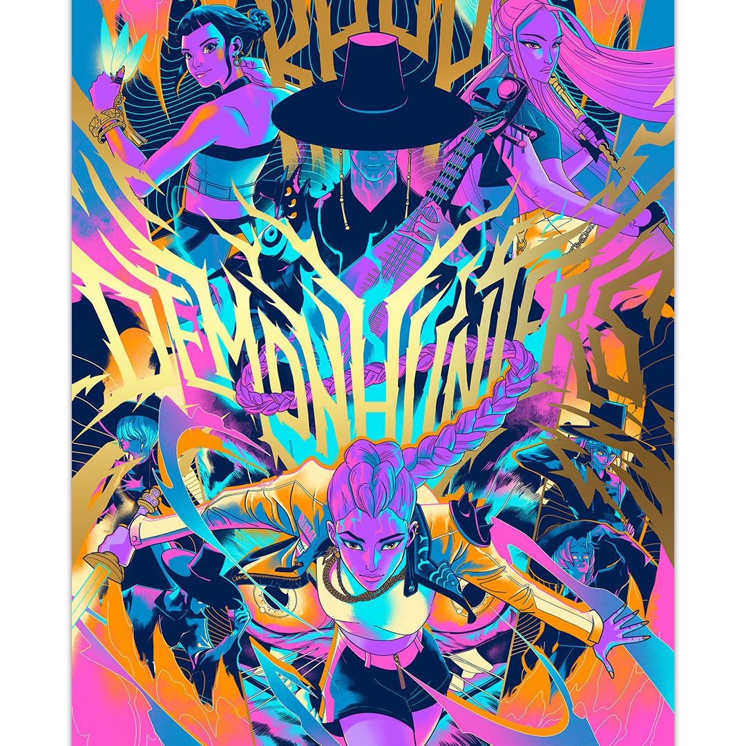 Colorful graphic design with abstract shapes and figures on a pink background