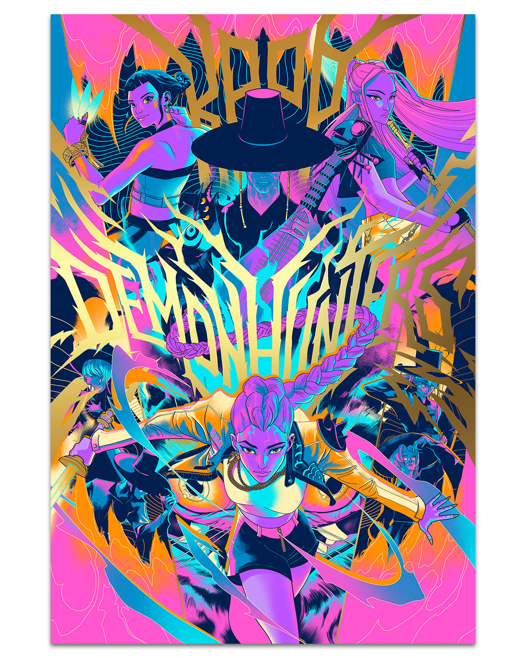 Colorful graphic design with abstract shapes and figures on a pink background