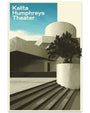 Matt Taylor screen print poster of Kalita Humphreys Theater, a Frank Lloyd Wright modernist white building with geometric forms, circular planter and tree, bold shadows under blue sky; text shown in the top left corner.