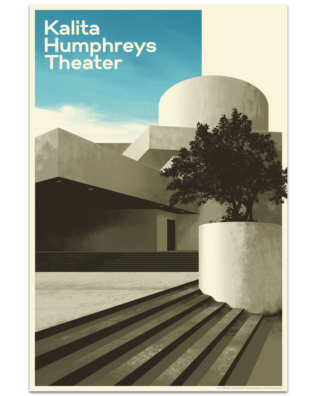 Matt Taylor screen print poster of Kalita Humphreys Theater, a Frank Lloyd Wright modernist white building with geometric forms, circular planter and tree, bold shadows under blue sky; text shown in the top left corner.