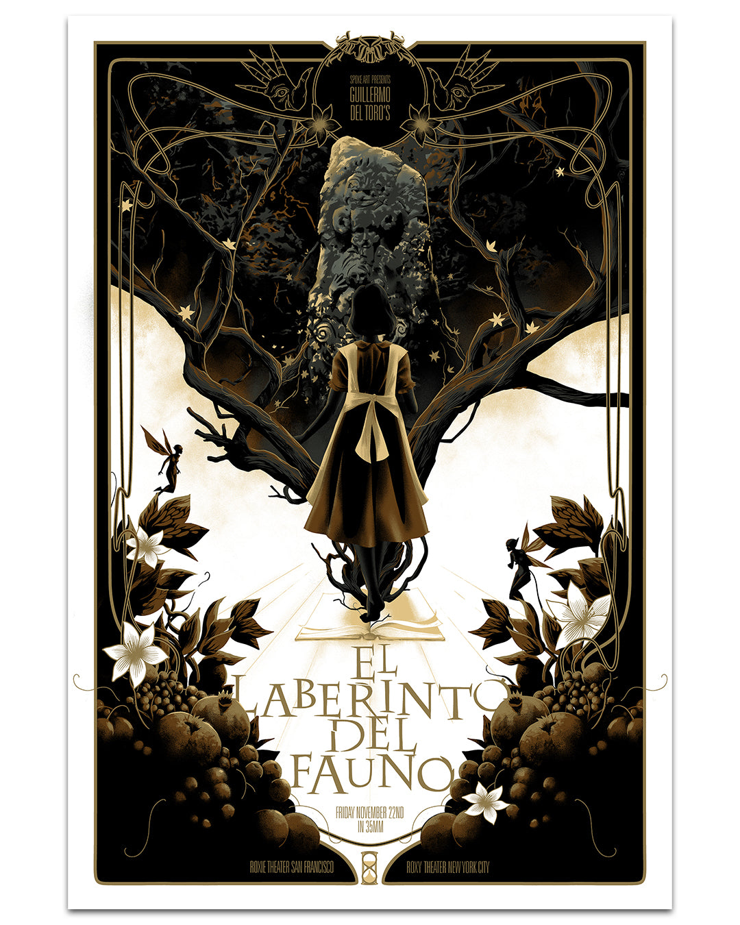 Movie poster for 'El Laberinto del Fauno' with a central figure and decorative elements.