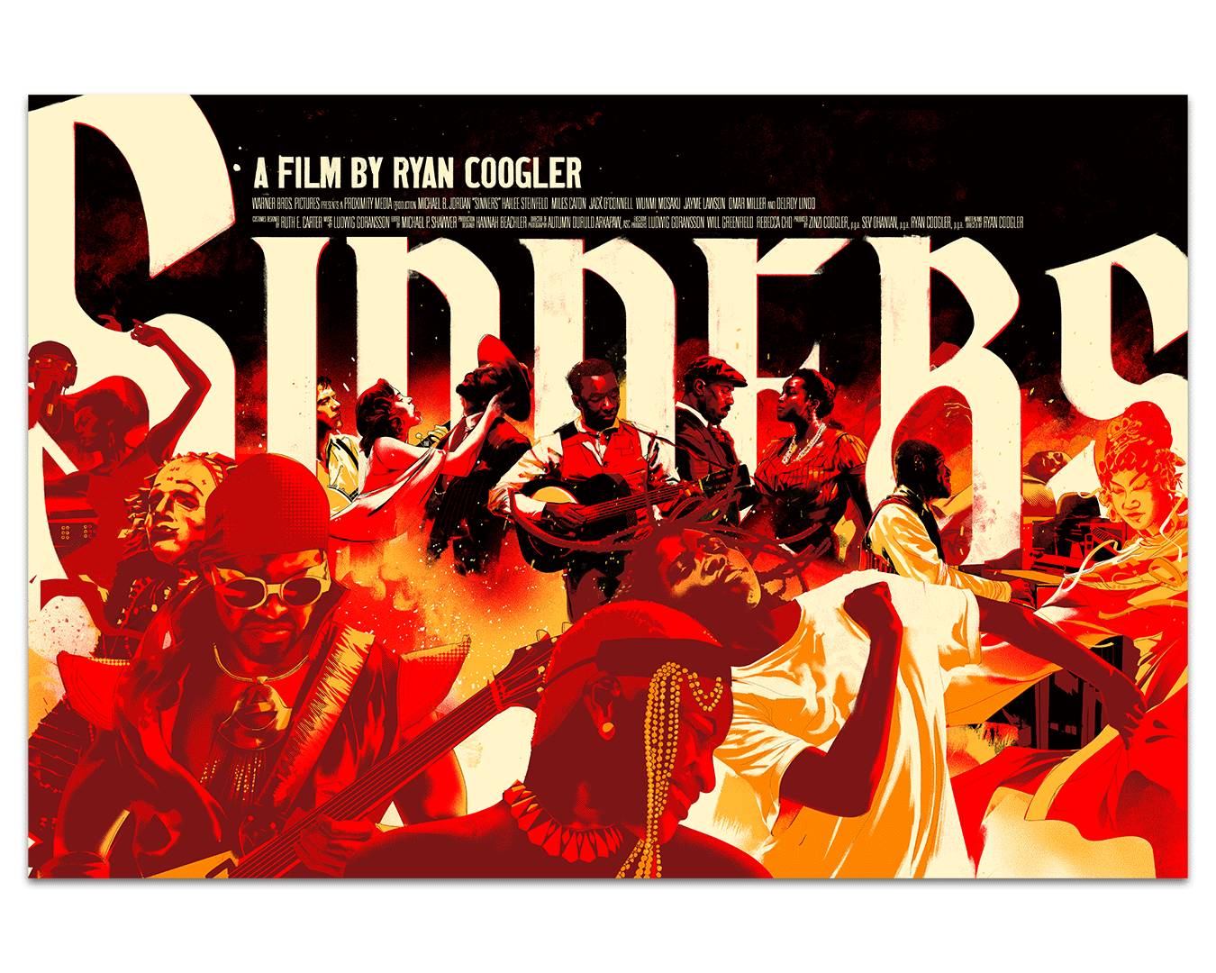 A limited edition screen print by Matt Taylor features stylized musicians and singers in red, orange, and yellow. Bold “SINNERS” text stands out behind them, with “A Film by Ryan Coogler” at the top.