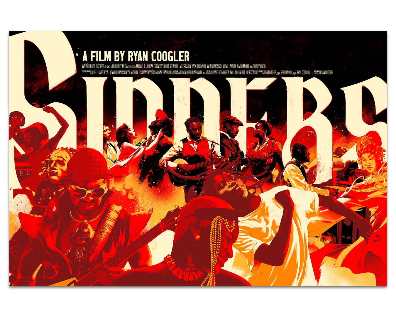 A limited edition screen print by Matt Taylor features stylized musicians and singers in red, orange, and yellow. Bold “SINNERS” text stands out behind them, with “A Film by Ryan Coogler” at the top.
