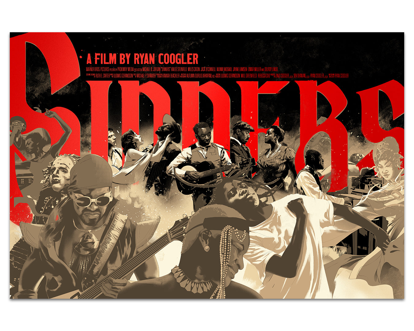 Matt Taylor’s stylized "Sundeys" movie poster evokes a limited-edition screen print, featuring musicians playing and singing. Shades of red, black, and beige dominate, with bold red letters spelling the film’s title across the background.