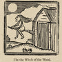 A black and white woodcut-style archival pigment print by Max Dalton, inspired by The VVitch, shows a witch flying past a shed with the sun overhead. Features the text: I be the Witch of the Wood.