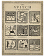 Max Daltons archival pigment print poster, The VVITCH: A New-England Folktale, showcases nine vintage-style illustrated panels with eerie colonial scenes and captions inspired by witchcraft and dark folklore.
