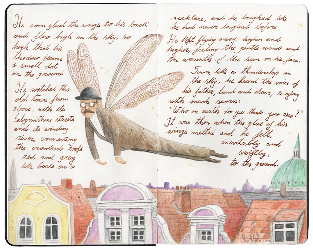 Illustration in an open face Moleskine of a man in a brown suit with circle glasses and a bowler hat with bug wings flying over elaborate roofs of houses by artist Max Dalton