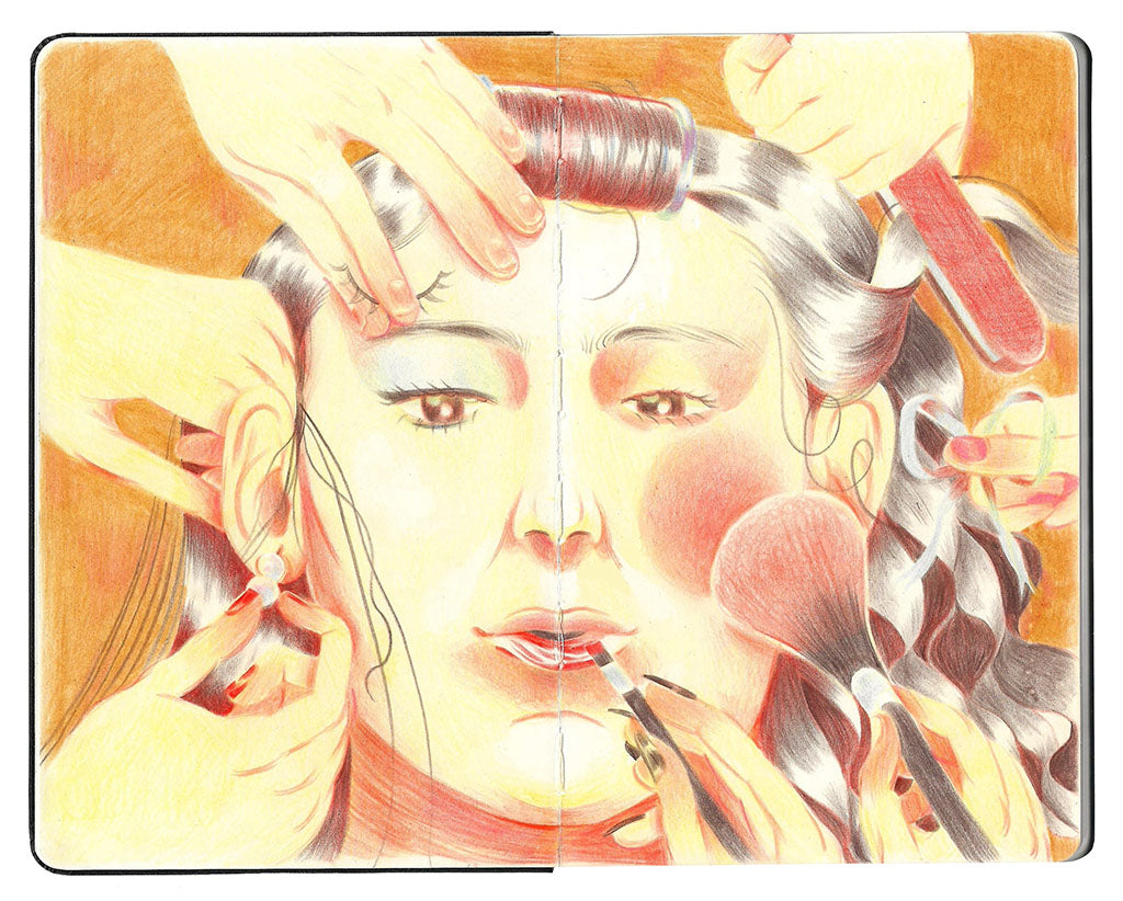 illustration on an open face Moleskine notebook depicting of a girl with long hair getting her make up and hair done by many hands against an orange background by artist Maya Ruiz