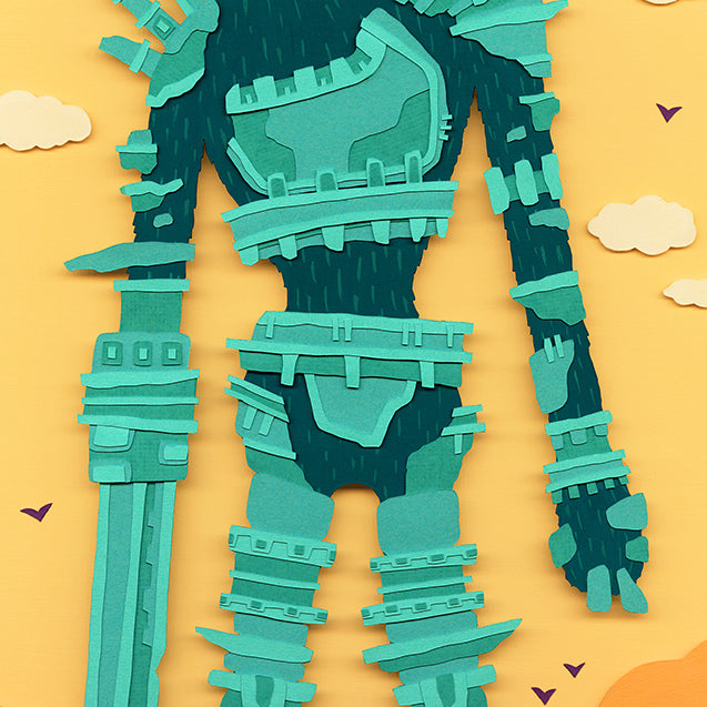 Teal robot-like creature on a colorful background