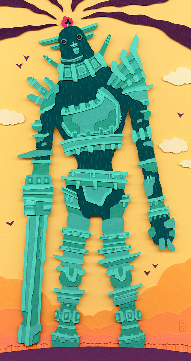 Teal robot-like creature on a colorful background