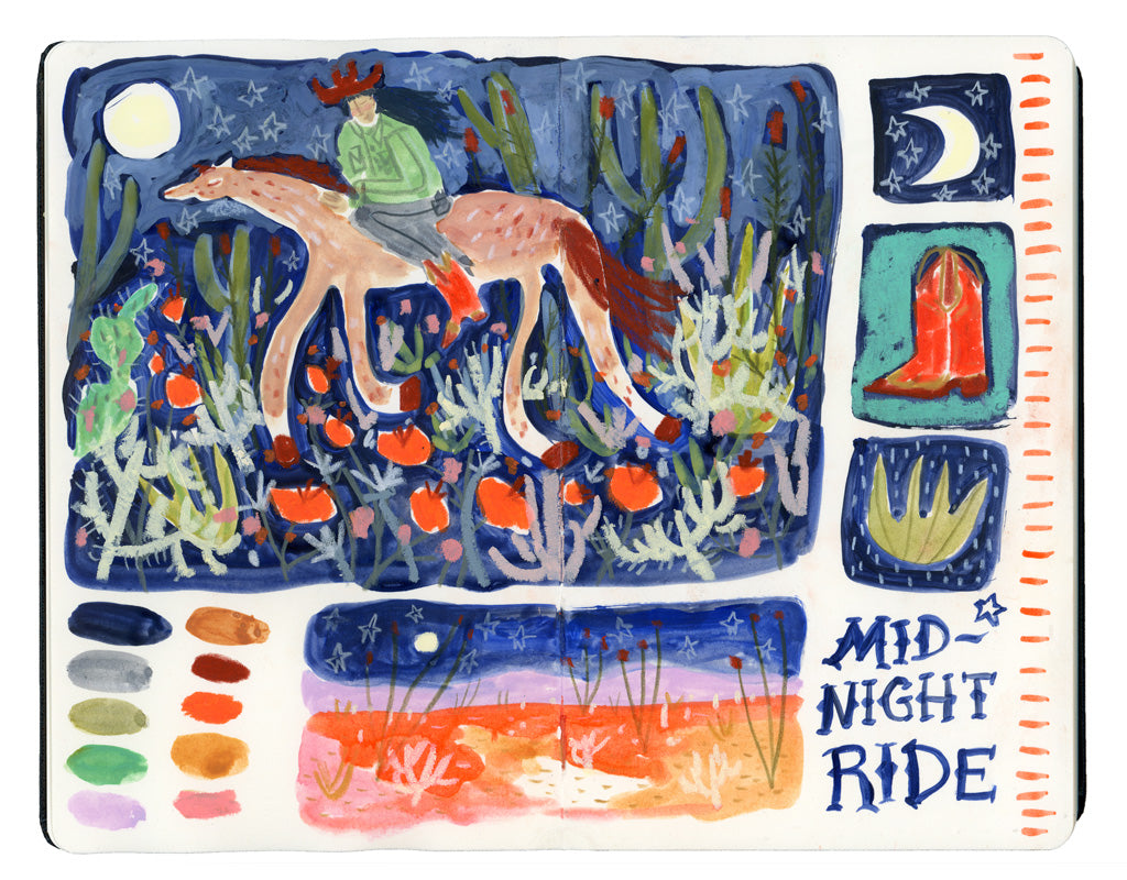 mixed media illustration in an open face Moleskine notebook depicting a woman on a horse riding through the desert at midnight with details of a moon, red cowboy boot, and a plant and the text "Midnight Ride" by artist Melissa Lakey