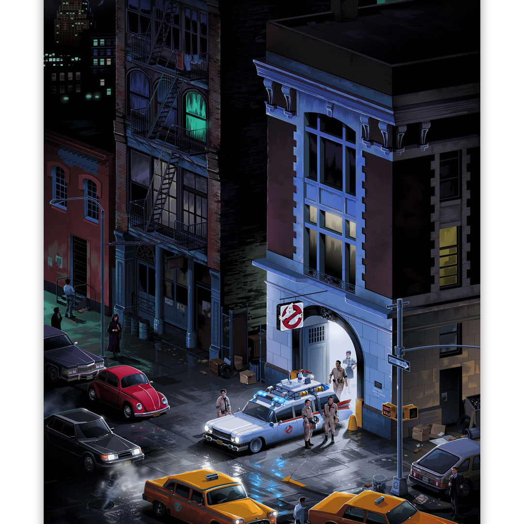A limited edition archival pigment print from Mr. Melville captures a dynamic street scene at night outside the iconic Ghostbusters’ firehouse, where the Ghostbusters exit their car as bystanders and multiple yellow taxis look on, all illuminated by neon lights and city buildings.