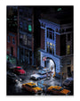 A limited edition archival pigment print from Mr. Melville captures a dynamic street scene at night outside the iconic Ghostbusters’ firehouse, where the Ghostbusters exit their car as bystanders and multiple yellow taxis look on, all illuminated by neon lights and city buildings.