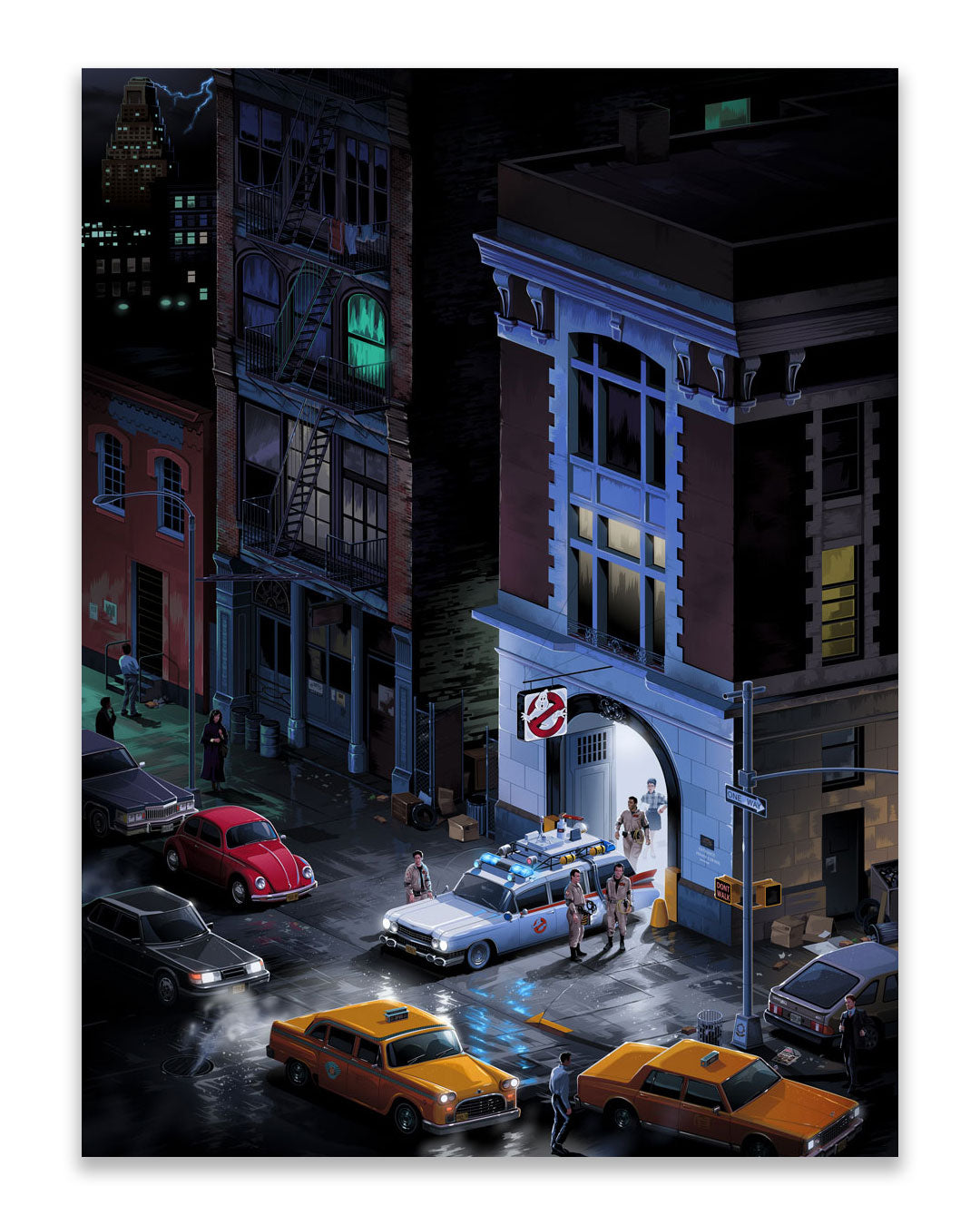 A limited edition archival pigment print from Mr. Melville captures a dynamic street scene at night outside the iconic Ghostbusters’ firehouse, where the Ghostbusters exit their car as bystanders and multiple yellow taxis look on, all illuminated by neon lights and city buildings.