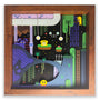 A playful diorama by Michelle Romo, featuring abstract shapes, plants, ladders, and cartoon-like characters in a wooden frame with layered cut paper elements inspired by video games and the whimsical world of Animal Well.