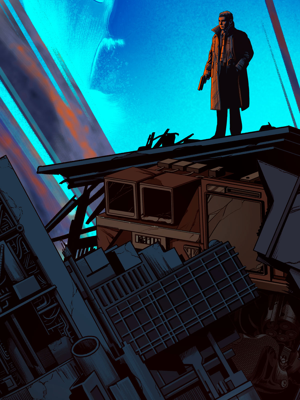 Comic-style illustration of a man in a long coat standing atop a broken vehicle or structure against a vivid blue and cyan sky with dark industrial debris below.