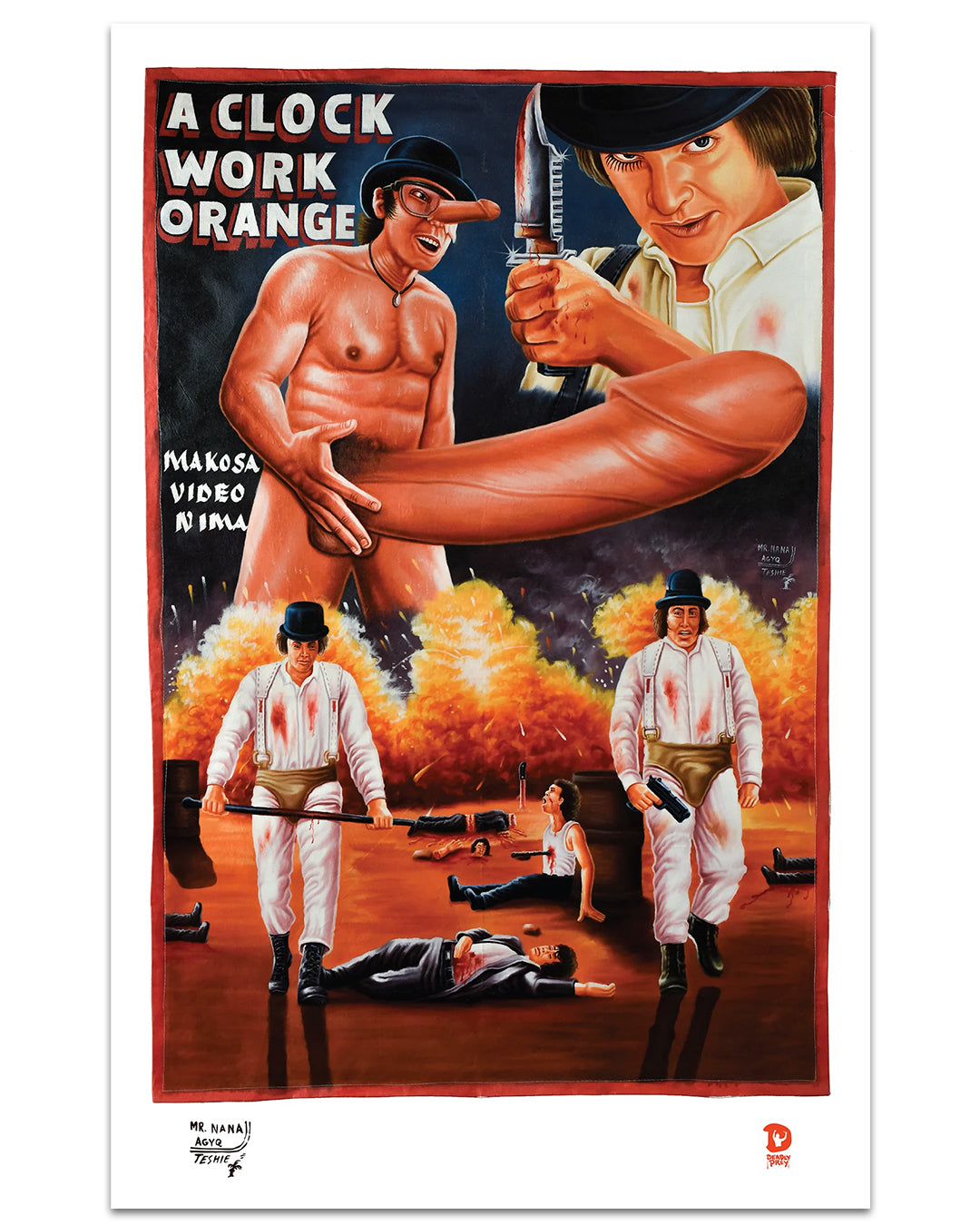A colorful Deadly Prey poster for A Clockwork Orange, digitally printed on 100lb card stock, features exaggerated cartoon characters in white outfits and black hats with oversized arms—one gripping a knife—among chaotic orange trees.