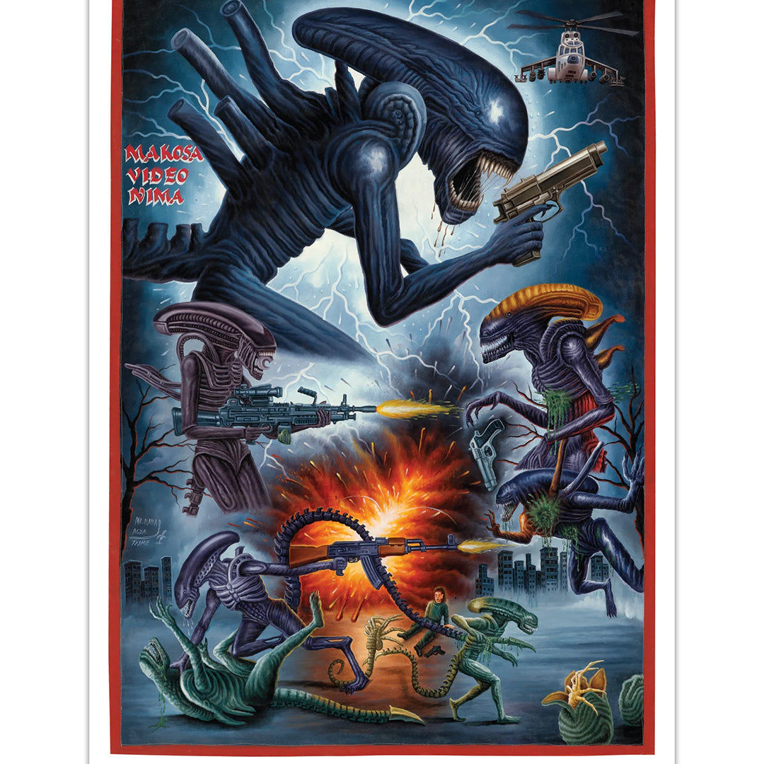 Colorful illustrated Deadly Prey movie poster features aliens with elongated heads battling amid explosions, ruins, and a helicopter overhead, with guns firing and bold red and blue Swahili script.