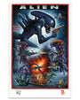Colorful illustrated Deadly Prey movie poster features aliens with elongated heads battling amid explosions, ruins, and a helicopter overhead, with guns firing and bold red and blue Swahili script.