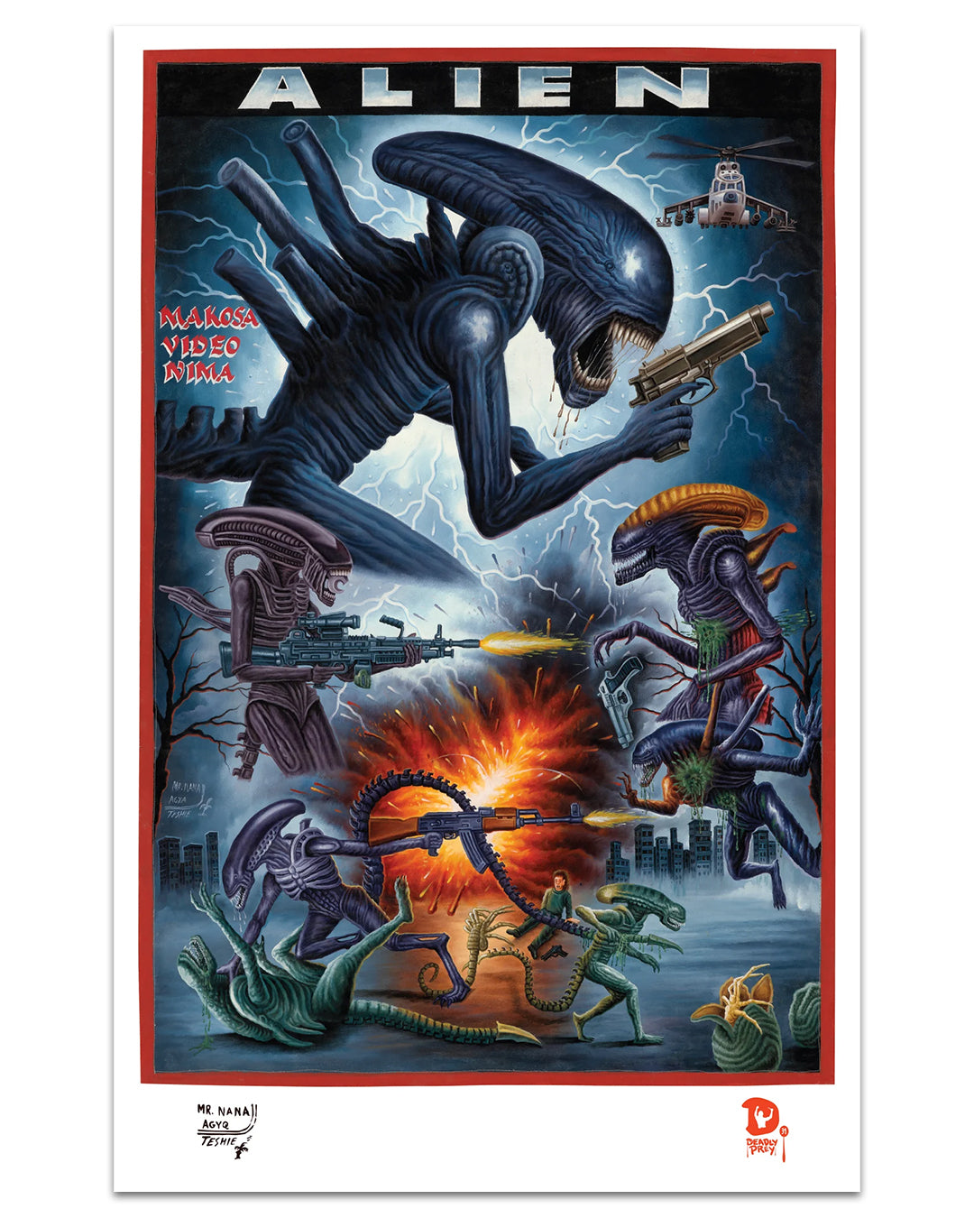 Colorful illustrated Deadly Prey movie poster features aliens with elongated heads battling amid explosions, ruins, and a helicopter overhead, with guns firing and bold red and blue Swahili script.