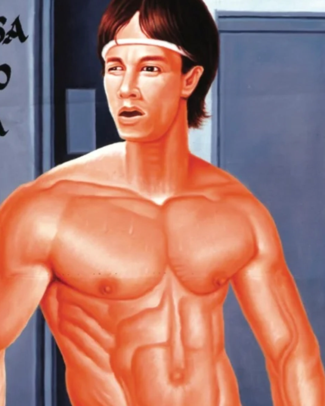 A digital print by Deadly Prey features a shirtless, muscular man with fair skin and brown hair wearing a white headband, standing indoors before a blue-gray background in a style evocative of Boogie Nights.