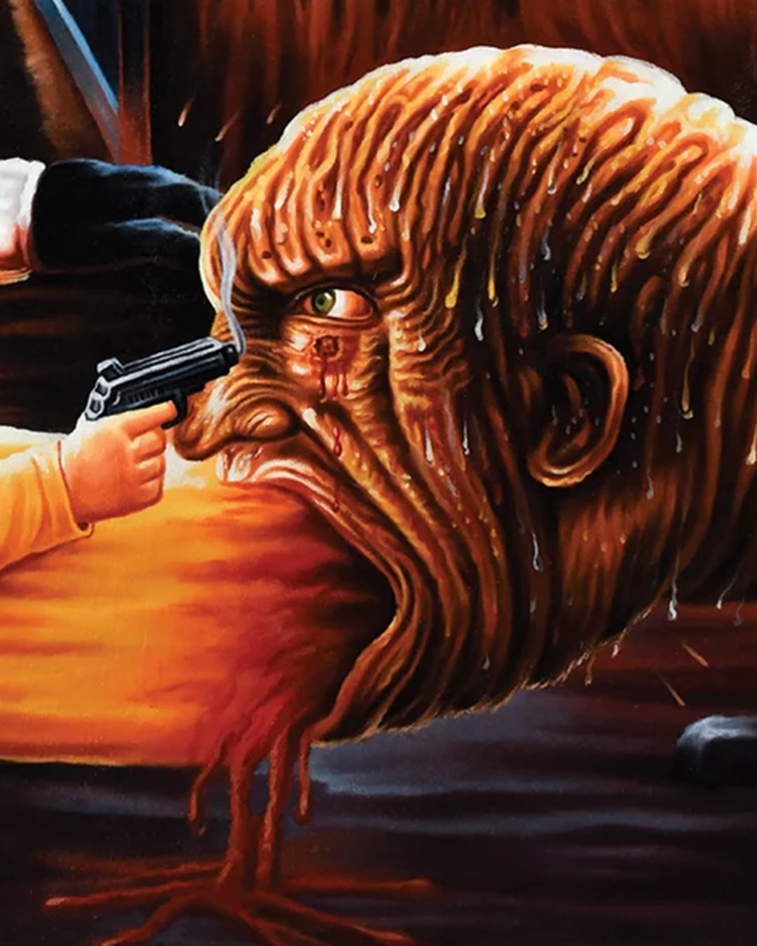 A surreal Deadly Prey digital print by Mr. Nana Agy shows a melting human face with oozing features and a gun aimed at its forehead, using fiery colors and dripping textures to evoke a haunting Dream Warriors vibe.