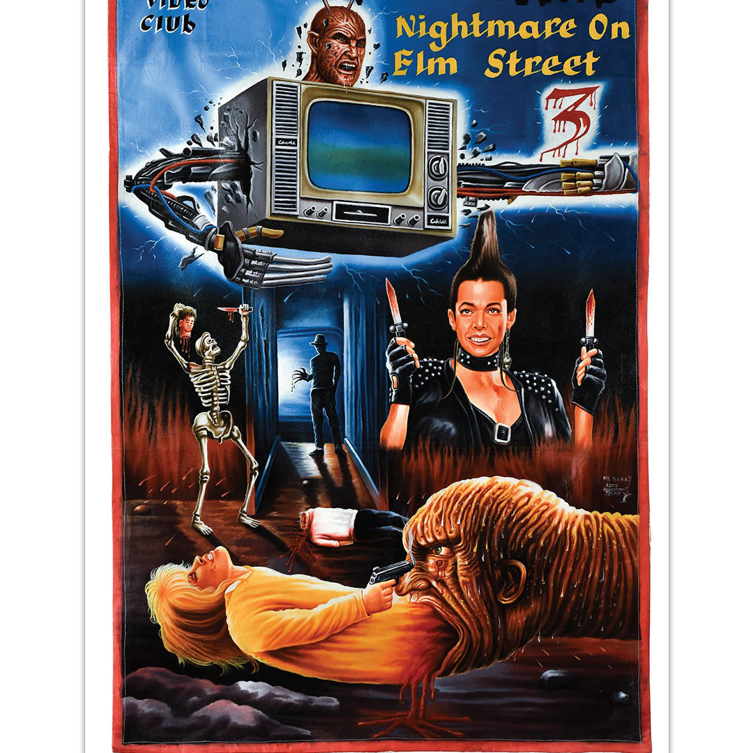 A vibrant, surreal digital print movie poster by Deadly Prey for Dream Warriors: Nightmare on Elm Street shows Freddy Krueger with metal claws, a TV-headed monster, skeleton, and horror-themed characters in dramatic poses.