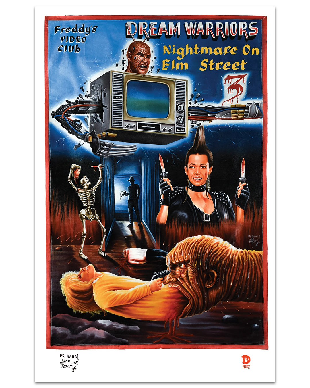 A vibrant, surreal digital print movie poster by Deadly Prey for Dream Warriors: Nightmare on Elm Street shows Freddy Krueger with metal claws, a TV-headed monster, skeleton, and horror-themed characters in dramatic poses.