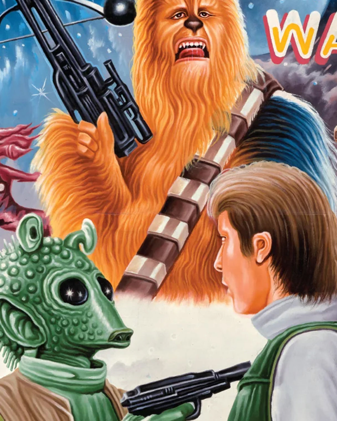 Deadly Prey’s colorful retro digital print on 100lb card stock shows Chewbacca roaring behind Greedo and Han Solo as they face off at gunpoint, referencing a classic Star Wars scene.