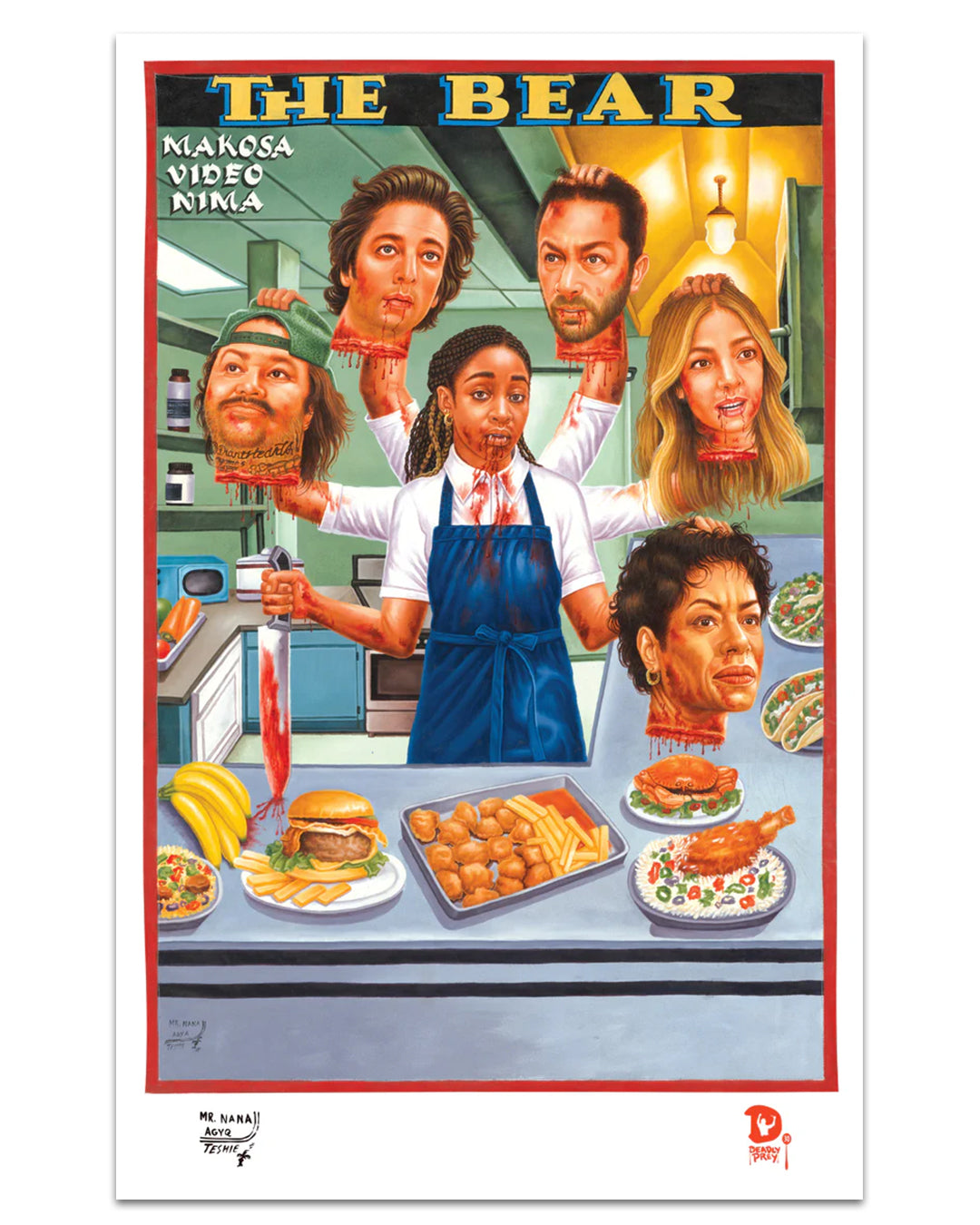 A digital print poster by Deadly Prey featuring a woman with many faces, inspired by the enigmatic style of The Bear.