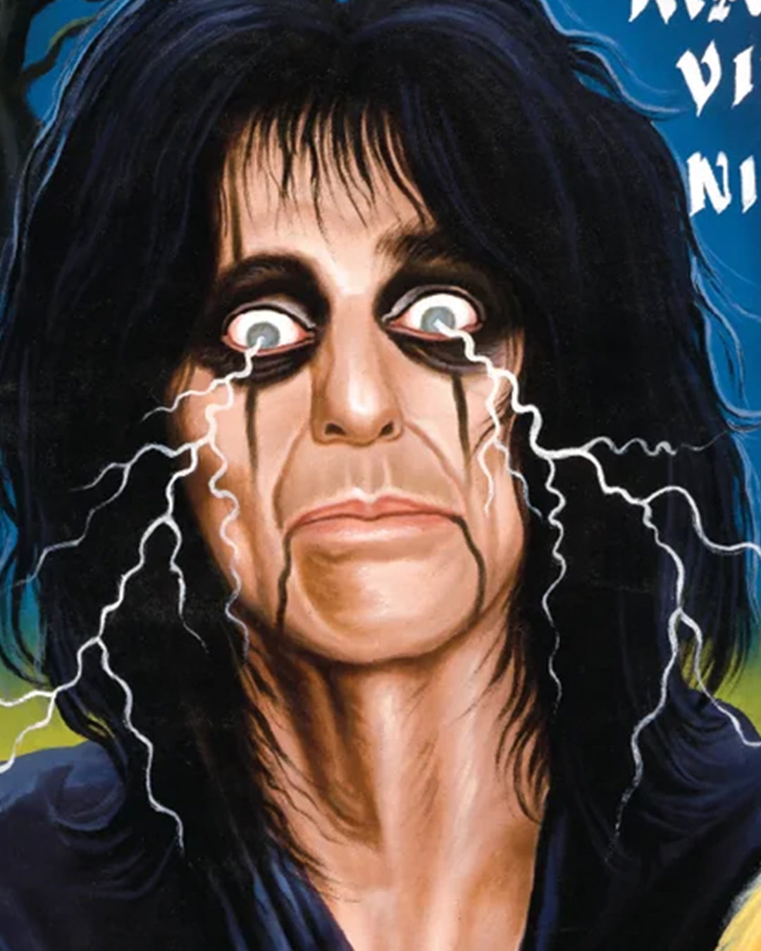 A striking digital print by Deadly Prey: a painted portrait of Mr. Nana Agy with long black hair, dramatic black eye makeup streaked down their cheeks, and white lightning bolts from their eyes against a blue-green background.