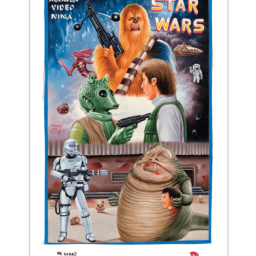 A colorful, hand-painted Star Wars poster by Deadly Prey, digitally printed on sturdy 100lb card stock, shows Chewbacca, Han Solo, Greedo, Jabba the Hutt and more with playful proportions and vibrant English/Swahili text.