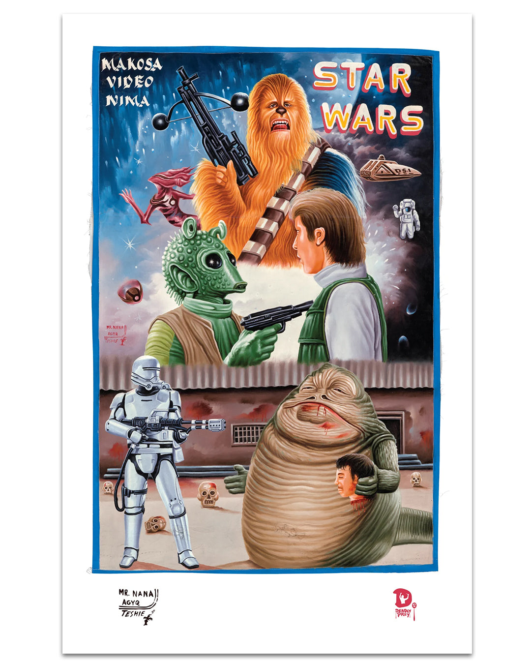 A colorful, hand-painted Star Wars poster by Deadly Prey, digitally printed on sturdy 100lb card stock, shows Chewbacca, Han Solo, Greedo, Jabba the Hutt and more with playful proportions and vibrant English/Swahili text.