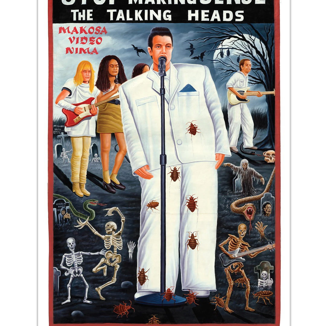 Deadly Prey hand-painted movie poster for Stop Making Sense: The Talking Heads by Mr. Nana Agy depicts the band performing, the singer in a large white suit, with cockroaches, skeletons, and surreal background figures.