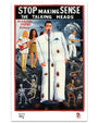 Deadly Prey hand-painted movie poster for Stop Making Sense: The Talking Heads by Mr. Nana Agy depicts the band performing, the singer in a large white suit, with cockroaches, skeletons, and surreal background figures.