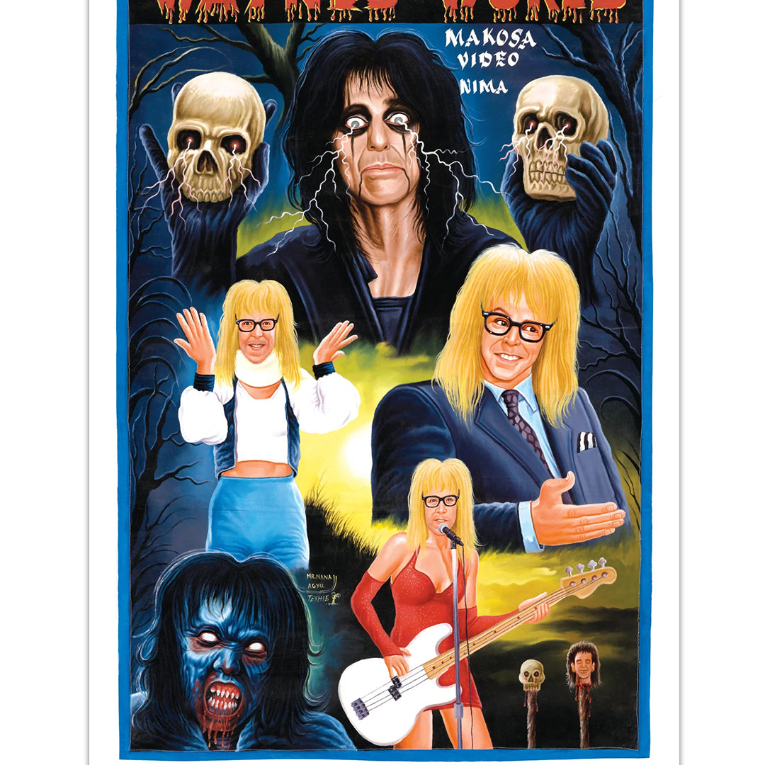 This colorful Deadly Prey art print showcases Wayne’s World characters Garth and Wayne in dynamic poses, surrounded by skulls, a hooded figure, and a woman guitarist, all highlighted on a bold blue background.