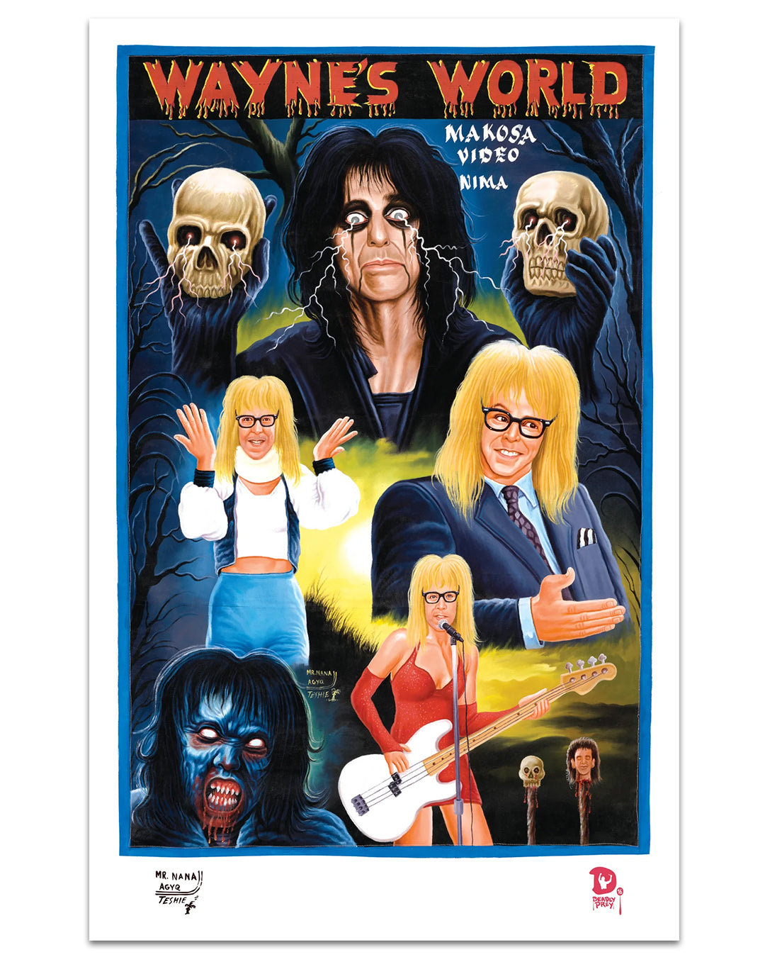 This colorful Deadly Prey art print showcases Wayne’s World characters Garth and Wayne in dynamic poses, surrounded by skulls, a hooded figure, and a woman guitarist, all highlighted on a bold blue background.