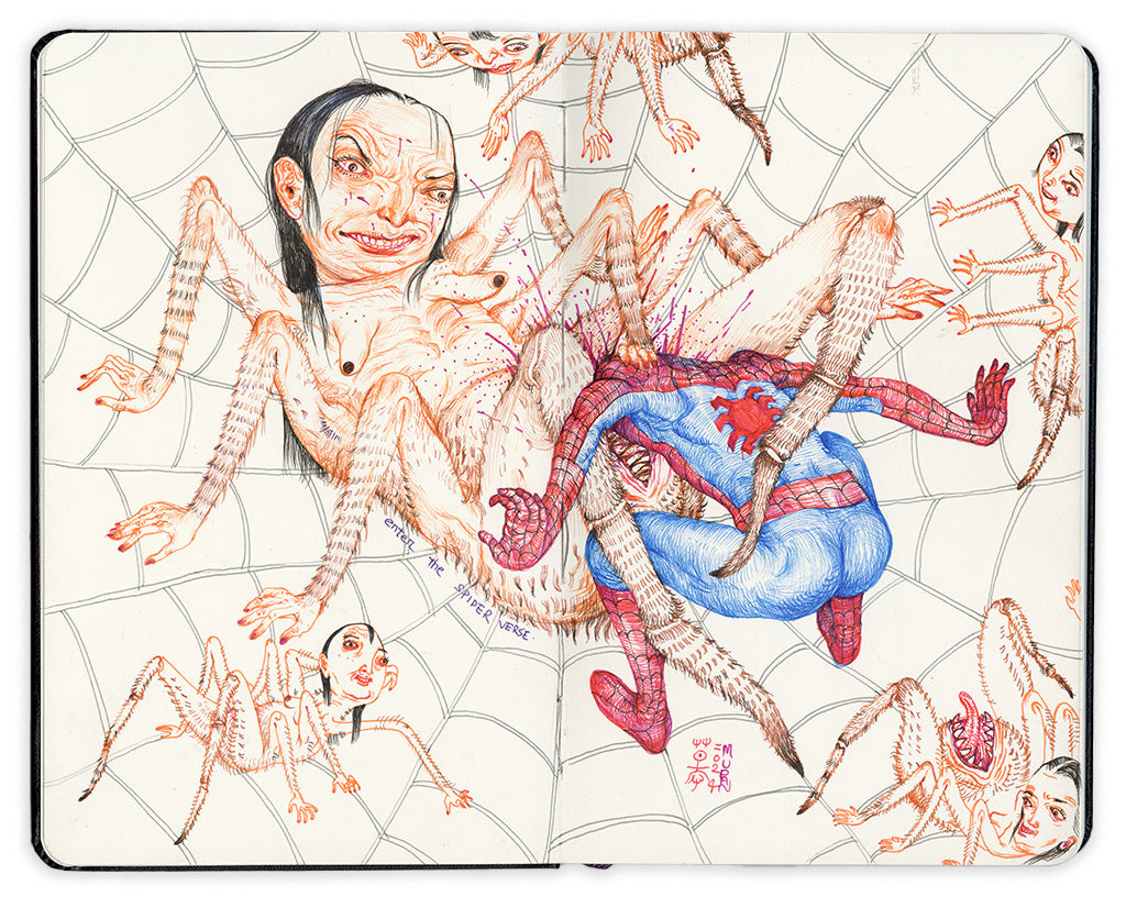 illustration in an open face Moleskine notebook of a spider woman reclining spread eagle on a spider web, surrounded by other smaller spider-women as a spider man figure is beheaded by her vagina by artist Mu Pan