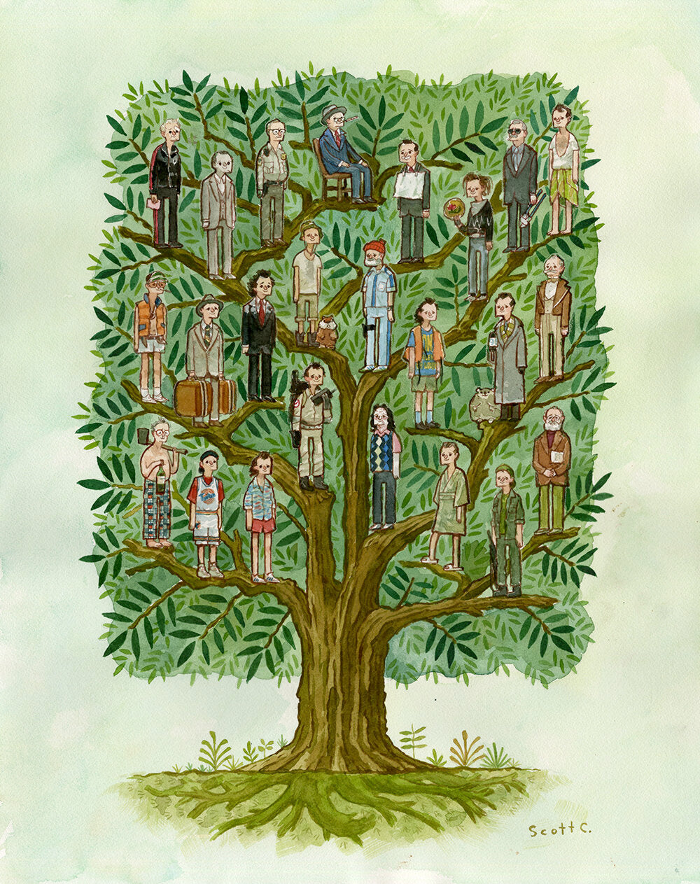 Scott C. illustrates The Murray Tree, featuring cartoon family members on its branches, each uniquely dressed in vibrant watercolor and colored pencil for a playful family tree design.