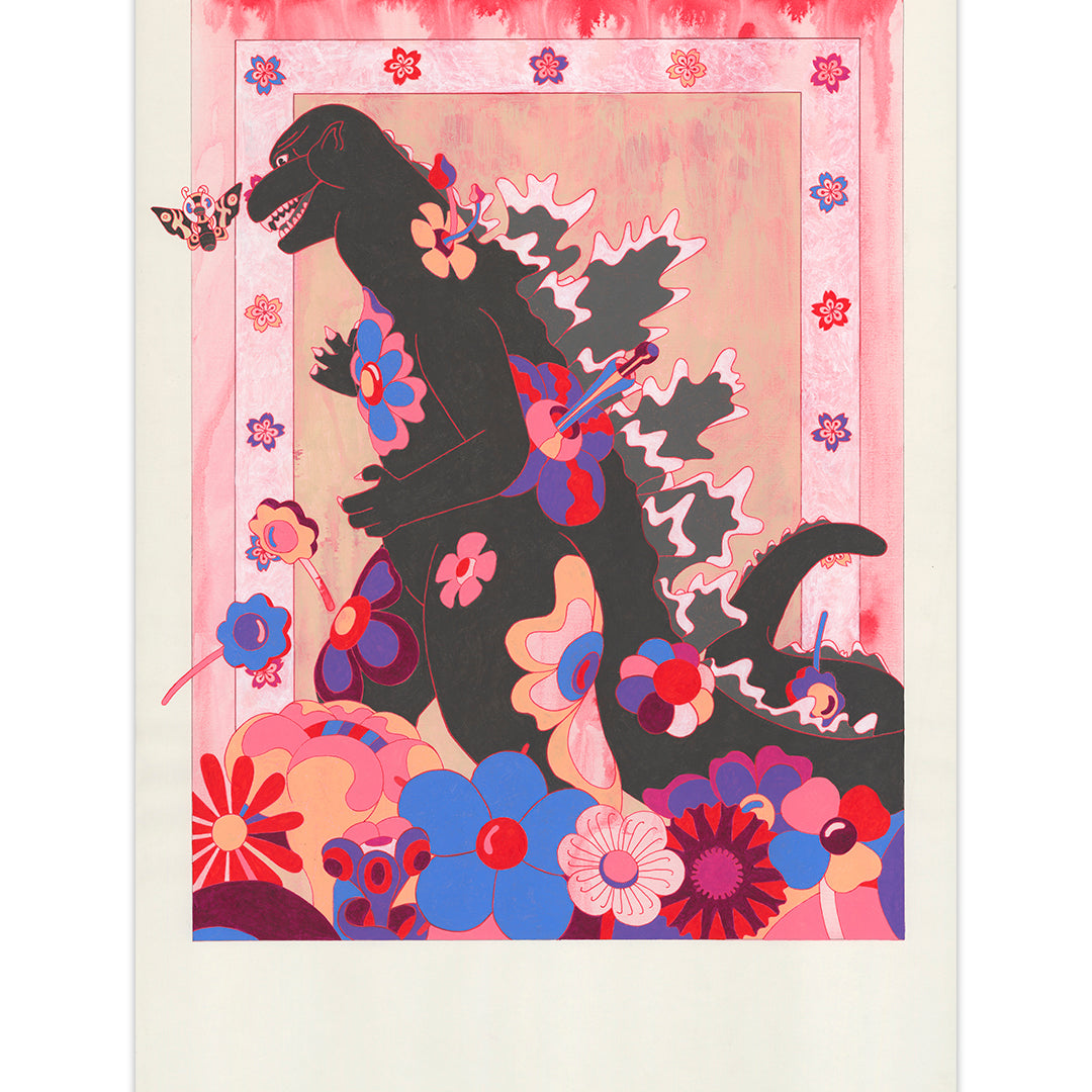 Print of Godzilla covered in flowers in pink, blue, red and purple with a floral border and Mothra next to Godzilla's nose