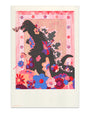 Print of Godzilla covered in flowers in pink, blue, red and purple with a floral border and Mothra next to Godzilla's nose