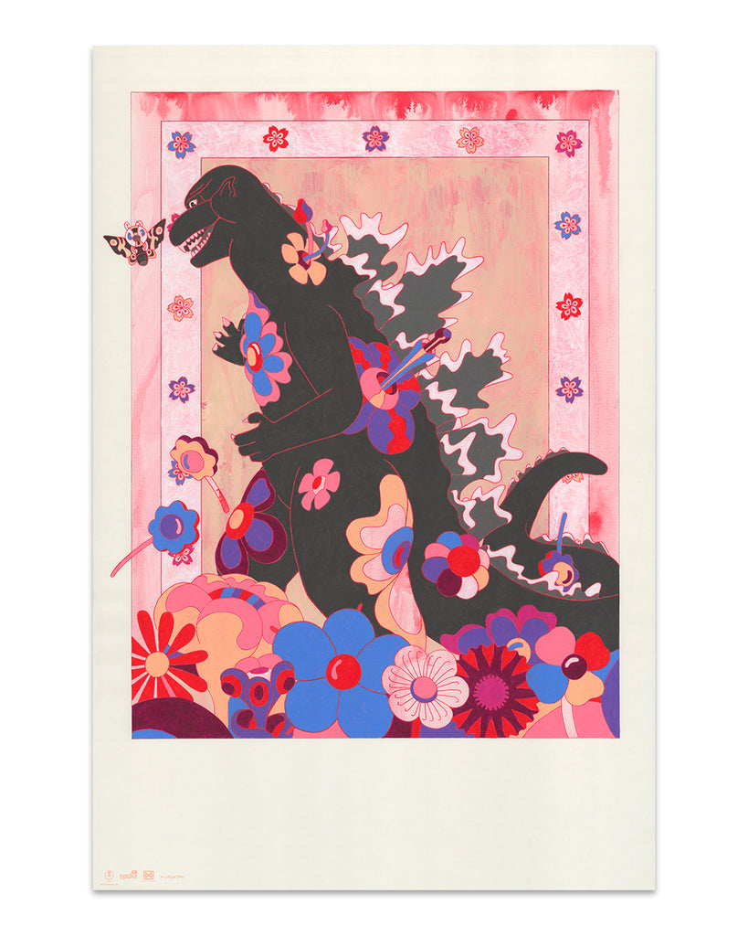 Print of Godzilla covered in flowers in pink, blue, red and purple with a floral border and Mothra next to Godzilla's nose