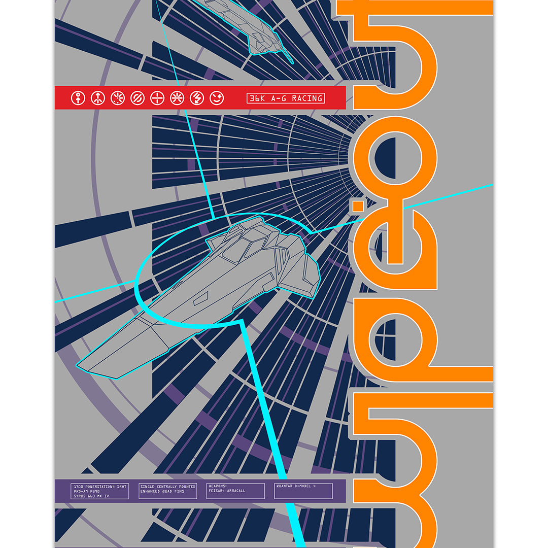 A futuristic racing poster by Neil Davies showcases sleek ships in a tunnel grid, with bold curved orange text and geometric purple, blue, and gray art. This archival pigment print celebrates 36K A-G RACING from the iconic Wipeout game series.