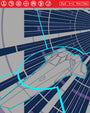 A futuristic spacecraft speeds through a tunnel with glowing blue lines and a 36K A-G RACING display above. Dynamic archival pigment print by Neil Davies, featuring racing icons atop striking geometric patterns.