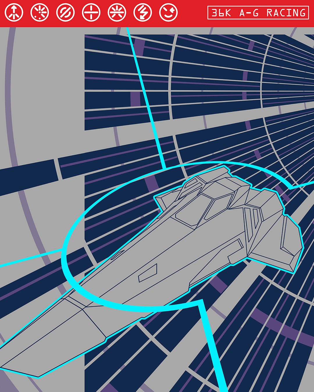 A futuristic spacecraft speeds through a tunnel with glowing blue lines and a 36K A-G RACING display above. Dynamic archival pigment print by Neil Davies, featuring racing icons atop striking geometric patterns.
