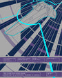 A futuristic, angular 36K A-G RACING vehicle by Neil Davies speeds along an abstract track of blue and purple lines. Technical specs appear below in a box with purple text and background. Archival pigment print by Neil Davies.