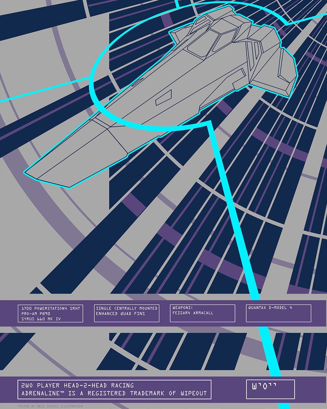 A futuristic, angular 36K A-G RACING vehicle by Neil Davies speeds along an abstract track of blue and purple lines. Technical specs appear below in a box with purple text and background. Archival pigment print by Neil Davies.